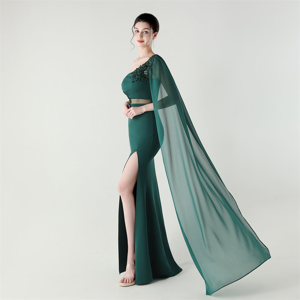 Emerald Grace Embroidery One-Shoulder Gown