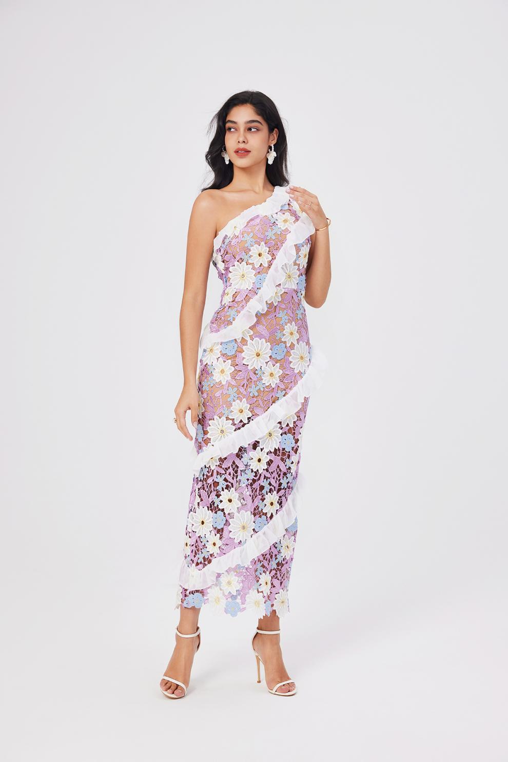 Purple Floral Lace Ruffle Dress