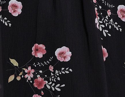 Black Flowy Floral Tiered Chiffon Gown With Belt