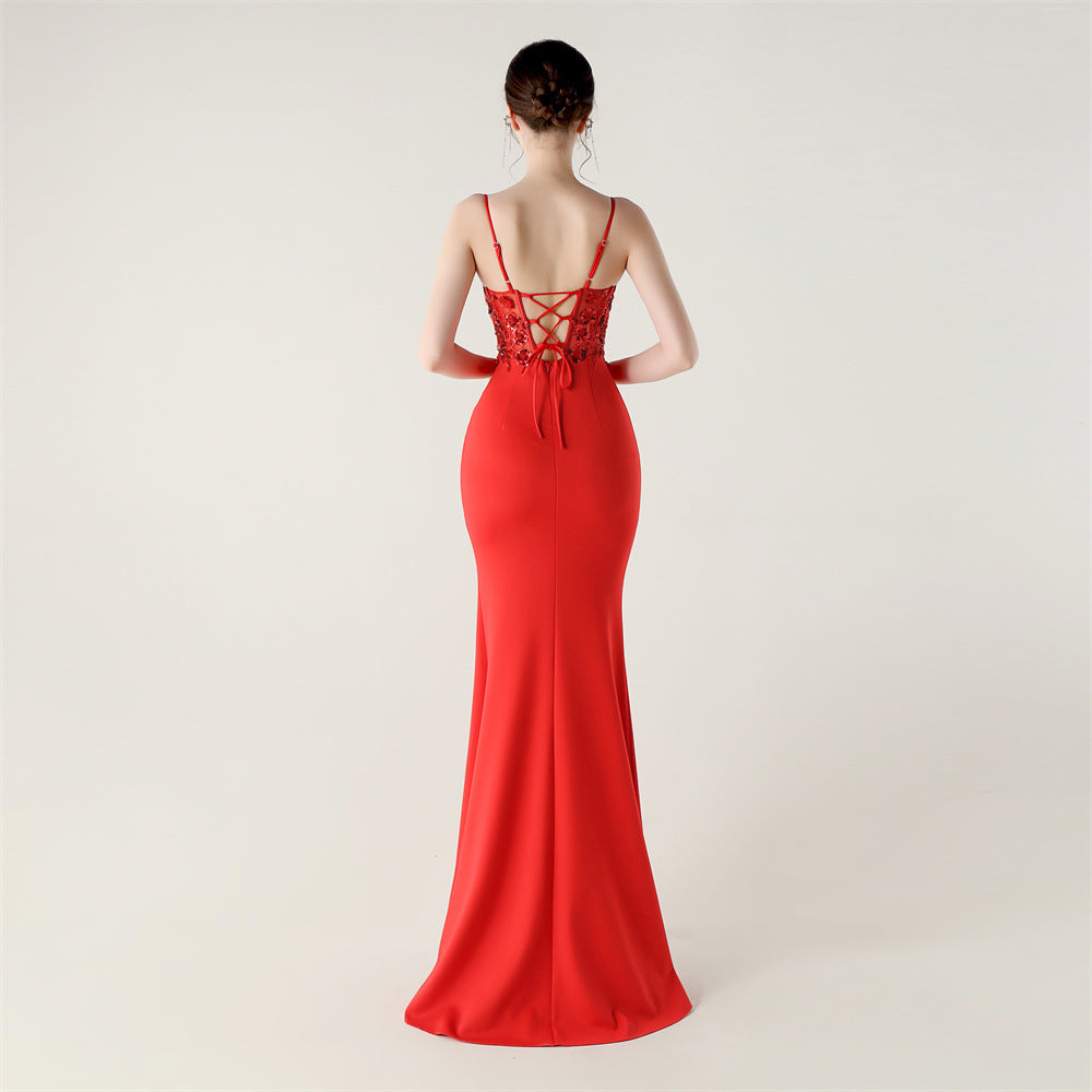 Crimson Beaded Bodycon Evening Gown