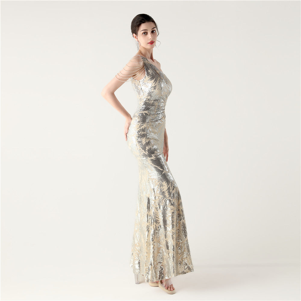 Beaded One Shoulder Bright Gown