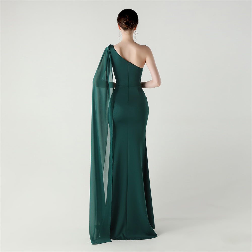 Emerald Grace Embroidery One-Shoulder Gown