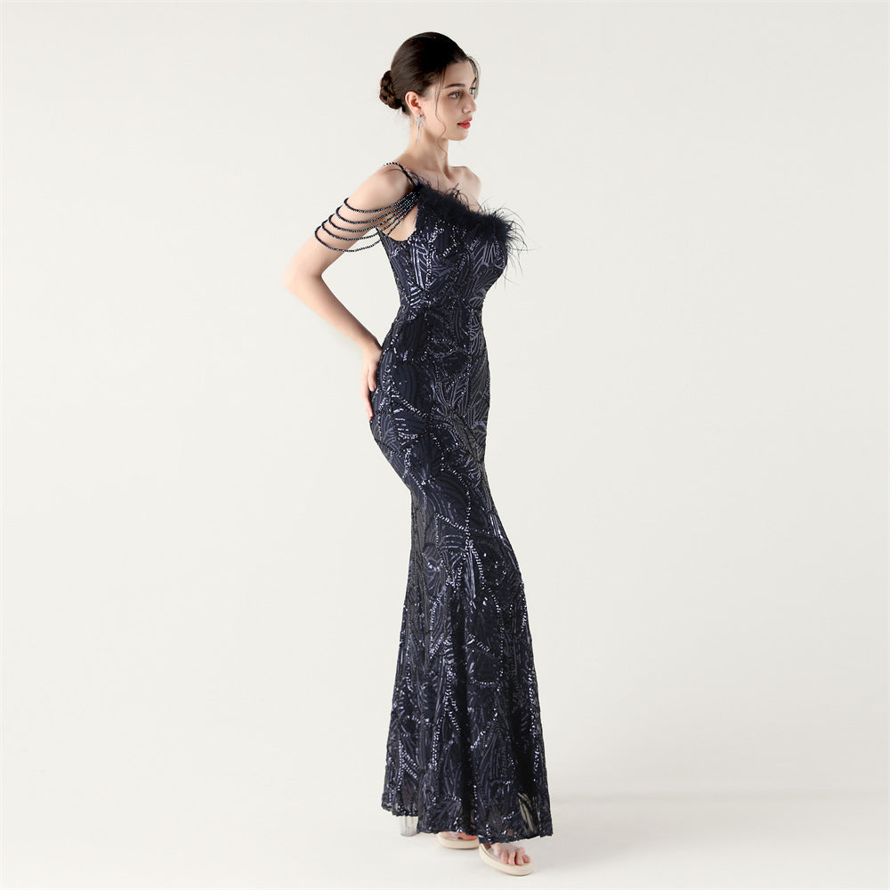 Navy Beaded Whisper Gown
