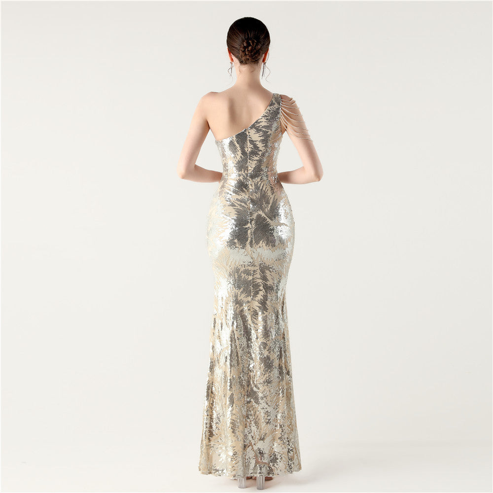 Beaded One Shoulder Bright Gown