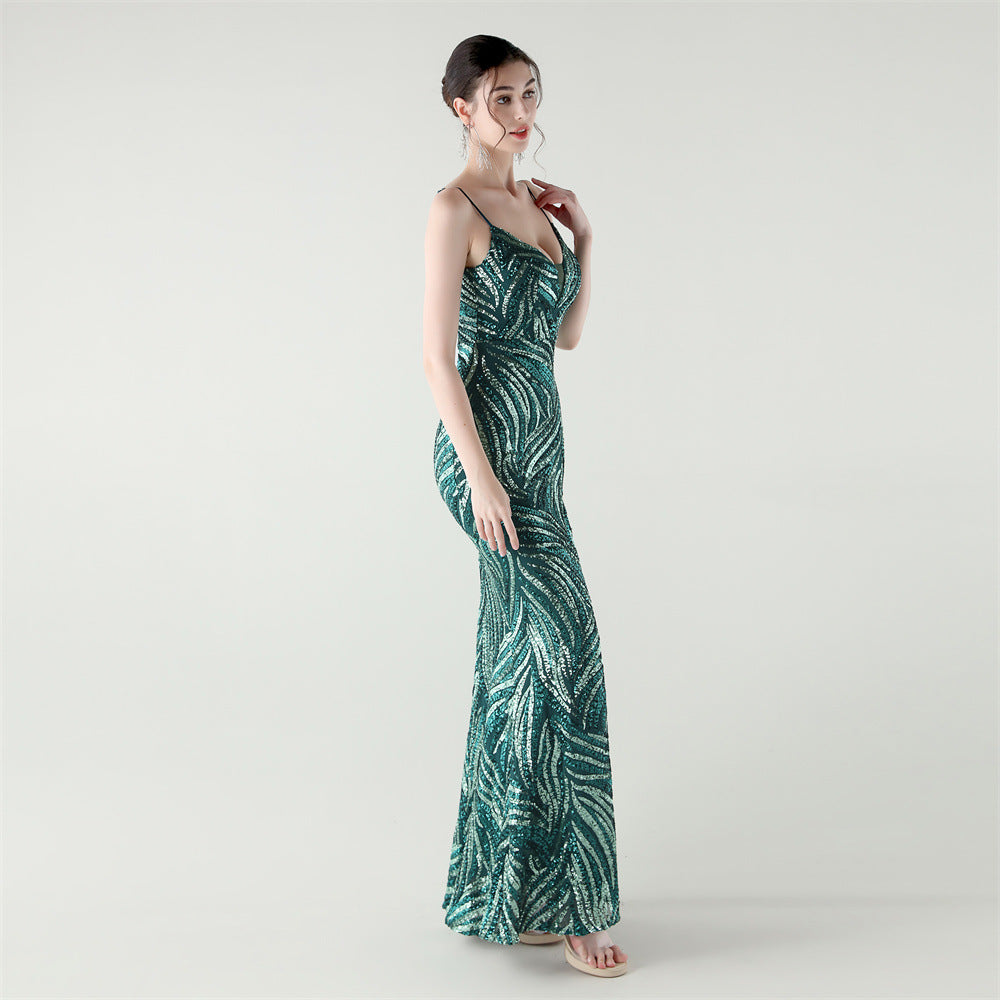 Emerald Dusk Sequined Backless Gown