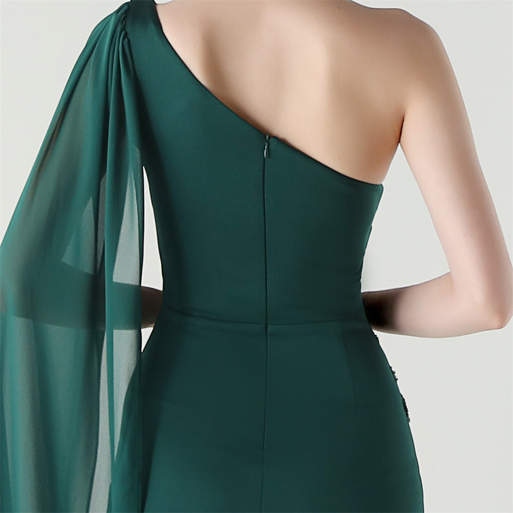 Emerald Grace Embroidery One-Shoulder Gown