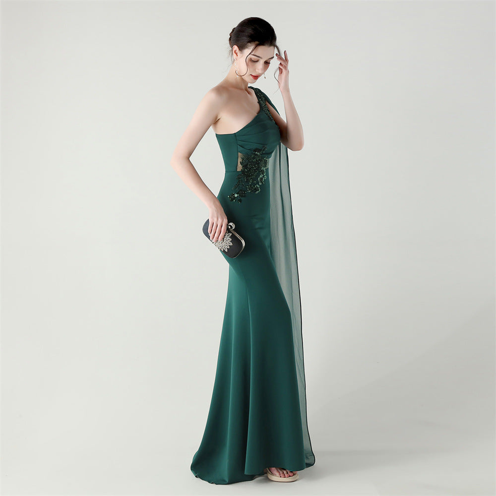Emerald Grace Embroidery One-Shoulder Gown