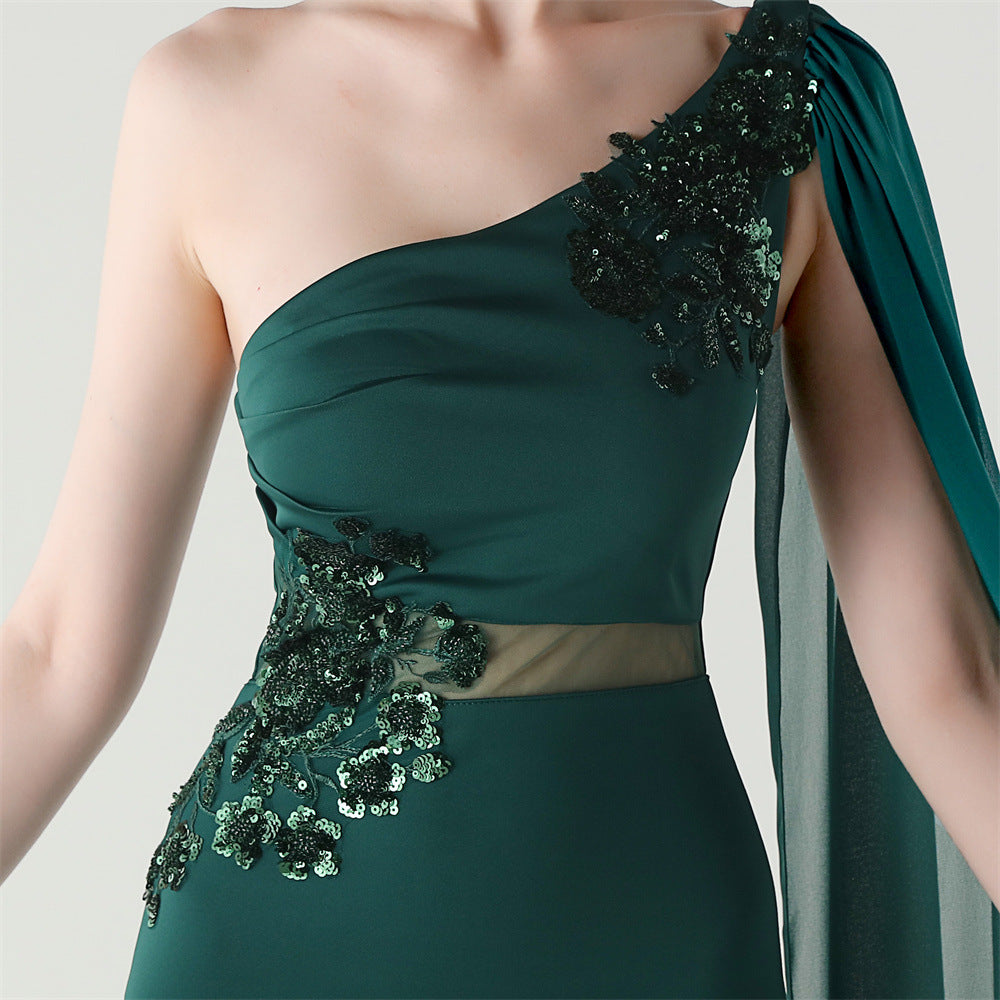 Emerald Grace Embroidery One-Shoulder Gown