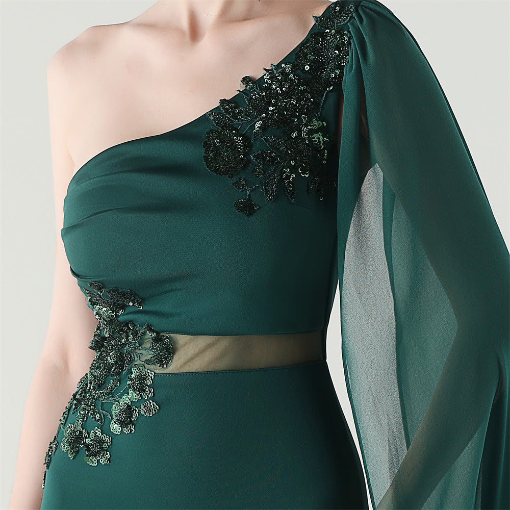 Emerald Grace Embroidery One-Shoulder Gown