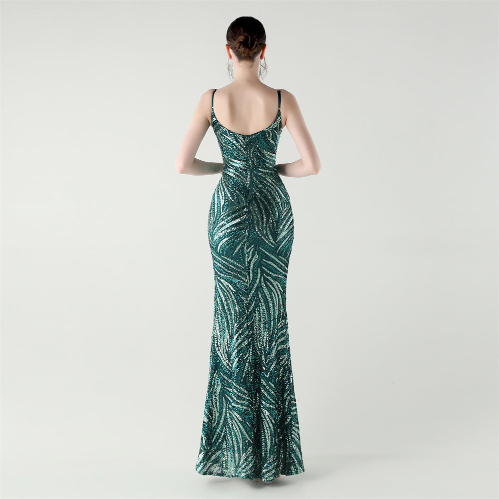 Emerald Dusk Sequined Backless Gown