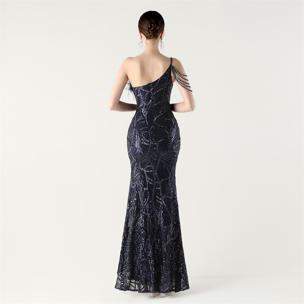 Navy Beaded Whisper Gown