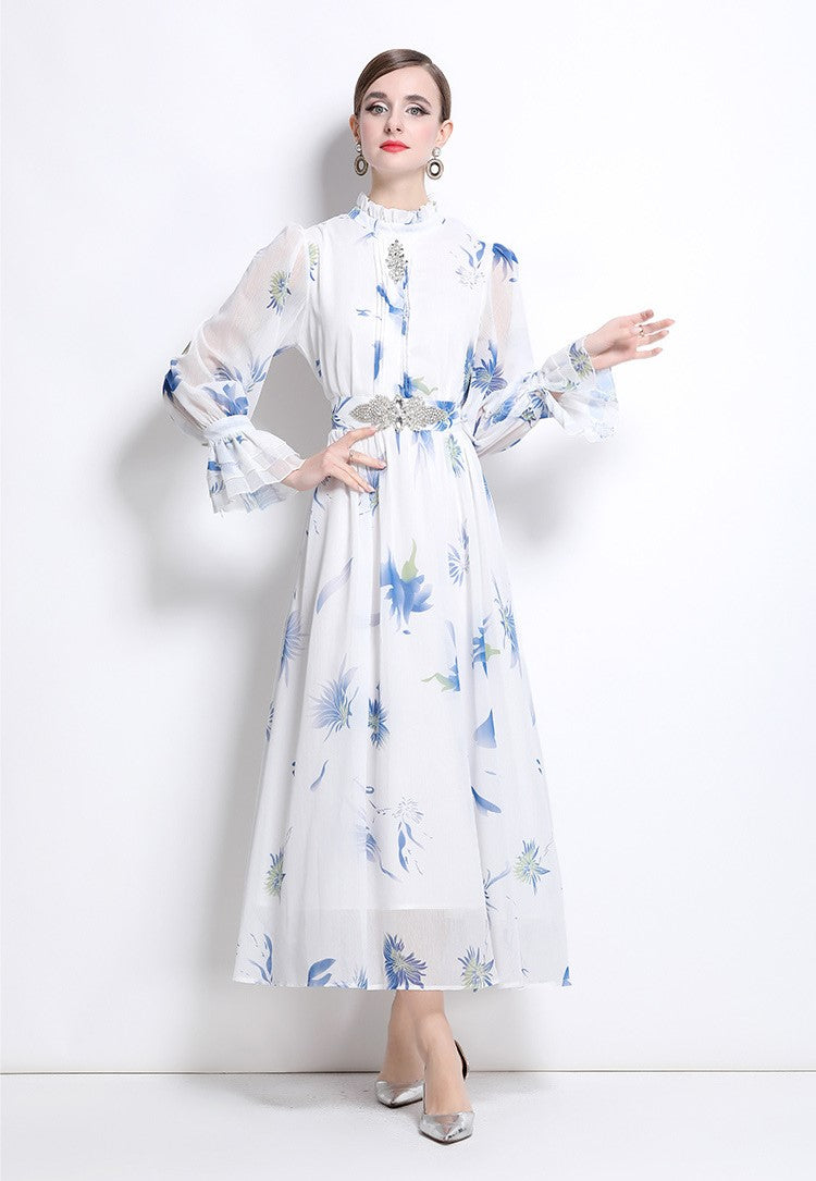 Blue Cherry Flowy Floral Tiered Chiffon Gown With Belt