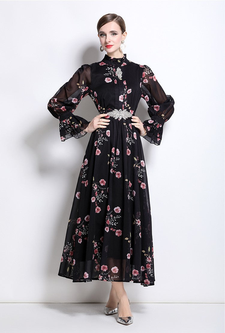 Black Flowy Floral Tiered Chiffon Gown With Belt