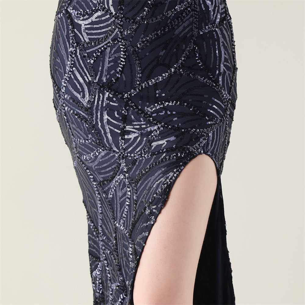 Navy Beaded Whisper Gown