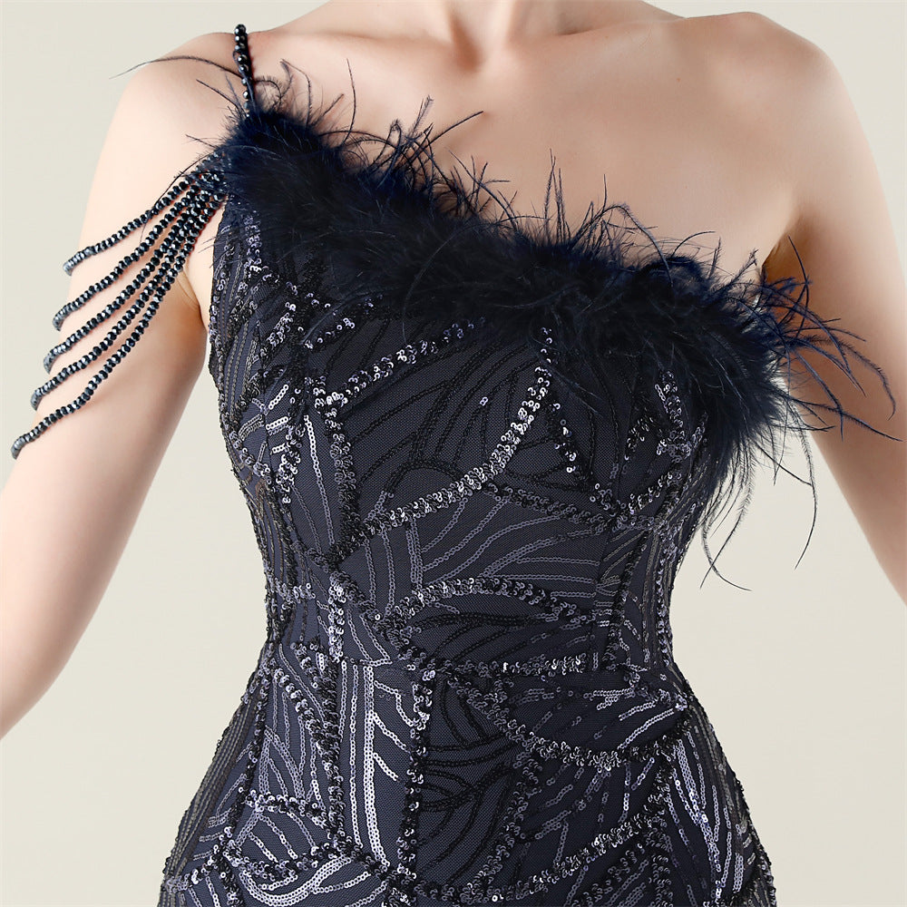 Navy Beaded Whisper Gown