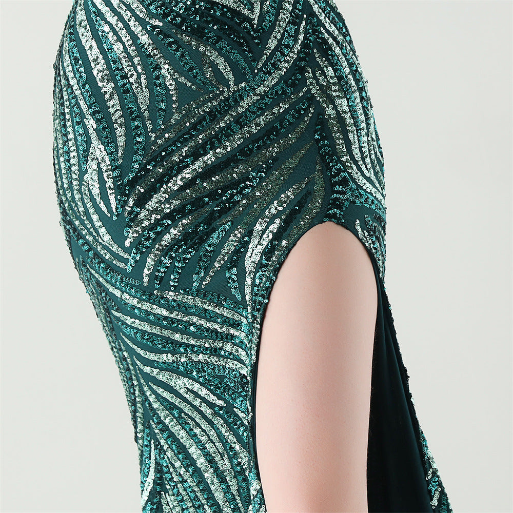 Emerald Dusk Sequined Backless Gown