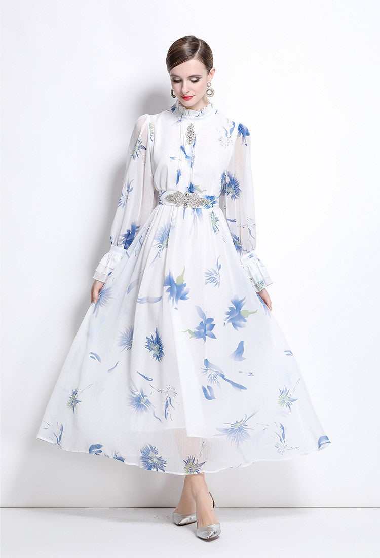 Blue Cherry Flowy Floral Tiered Chiffon Gown With Belt