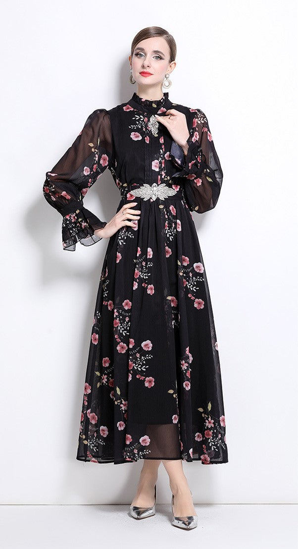 Black Flowy Floral Tiered Chiffon Gown With Belt