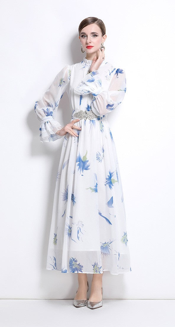 Blue Cherry Flowy Floral Tiered Chiffon Gown With Belt