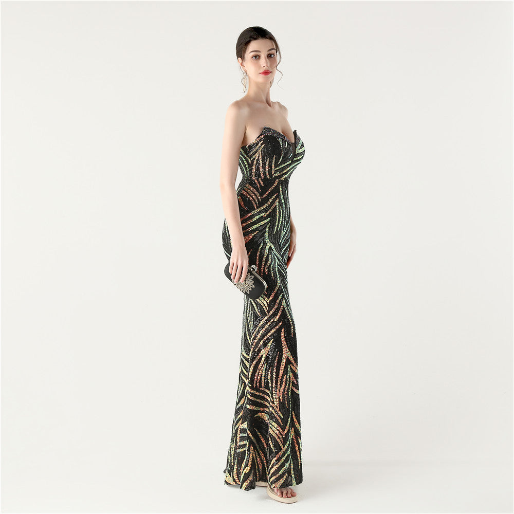 Black Stardust Frond Sequin Gown