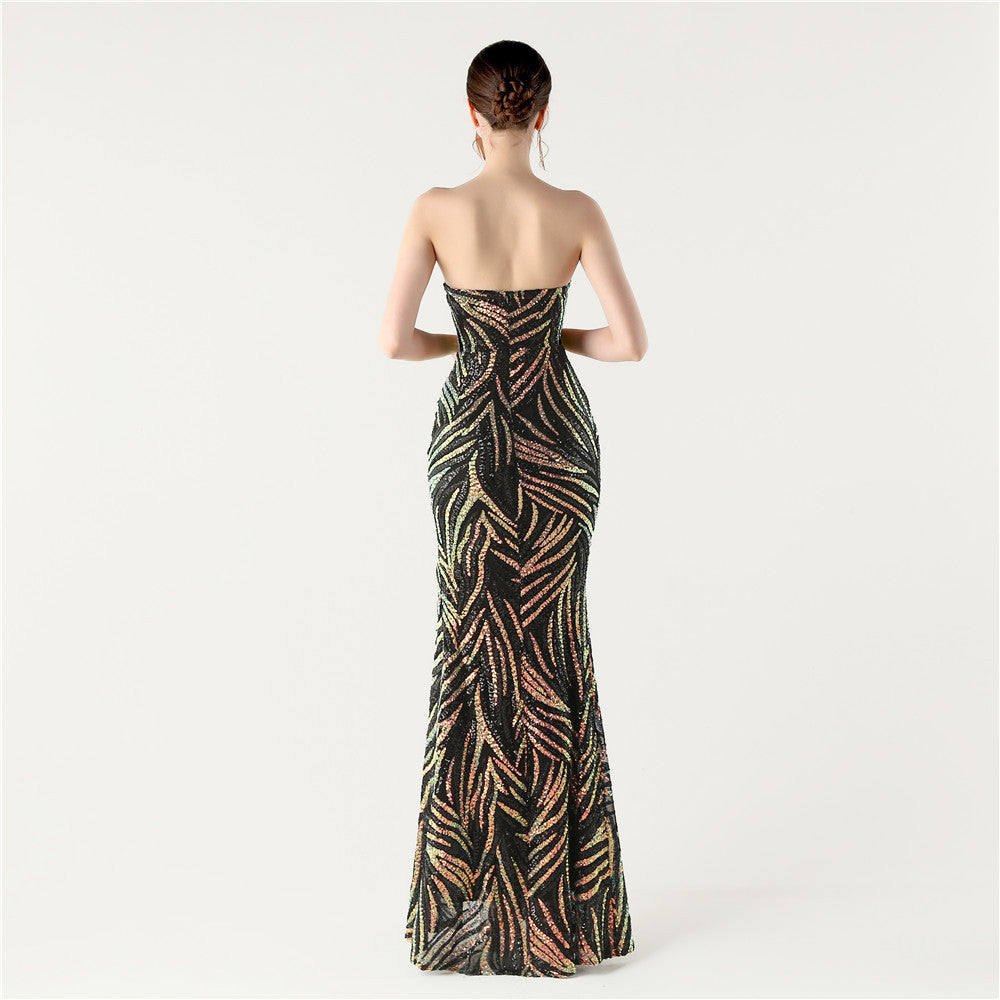 Black Stardust Frond Sequin Gown