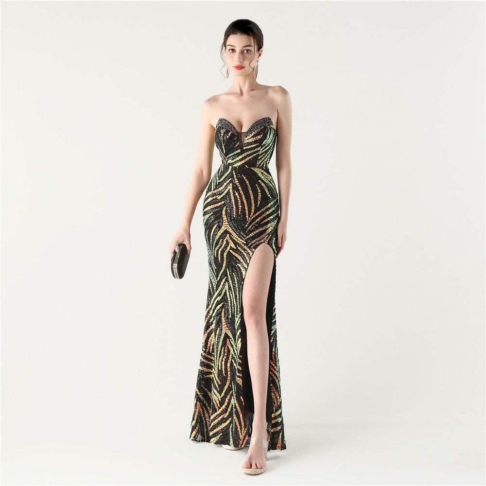 Black Stardust Frond Sequin Gown