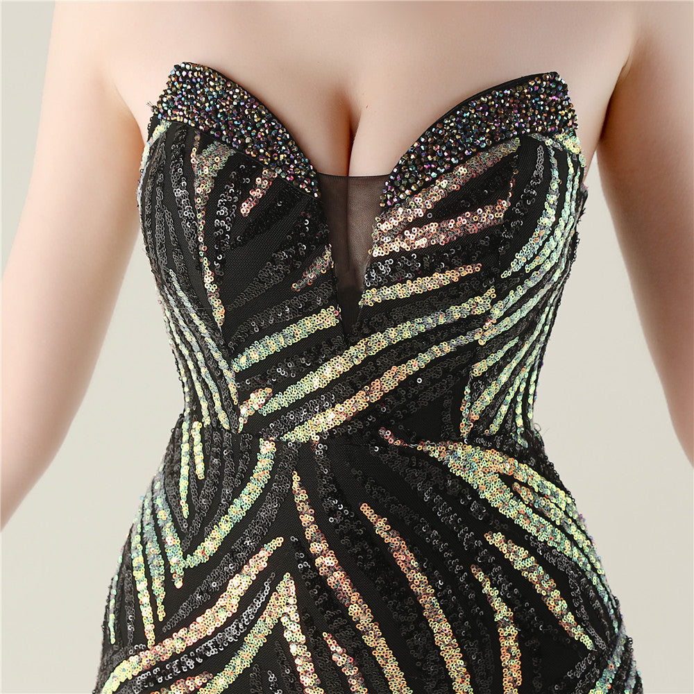 Black Stardust Frond Sequin Gown