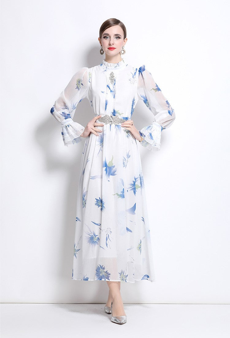 Blue Cherry Flowy Floral Tiered Chiffon Gown With Belt