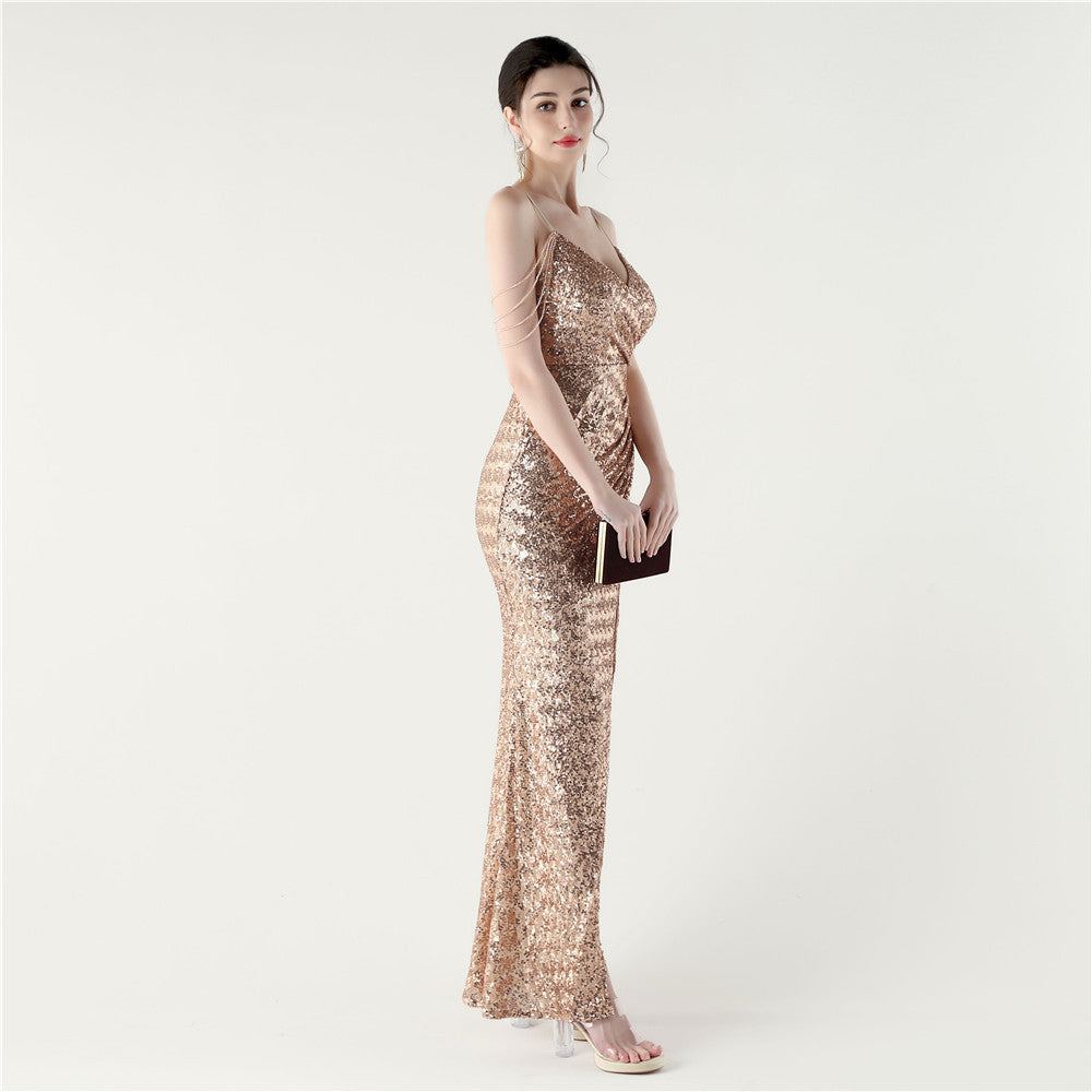 Golden Glimmer Deep V Gown