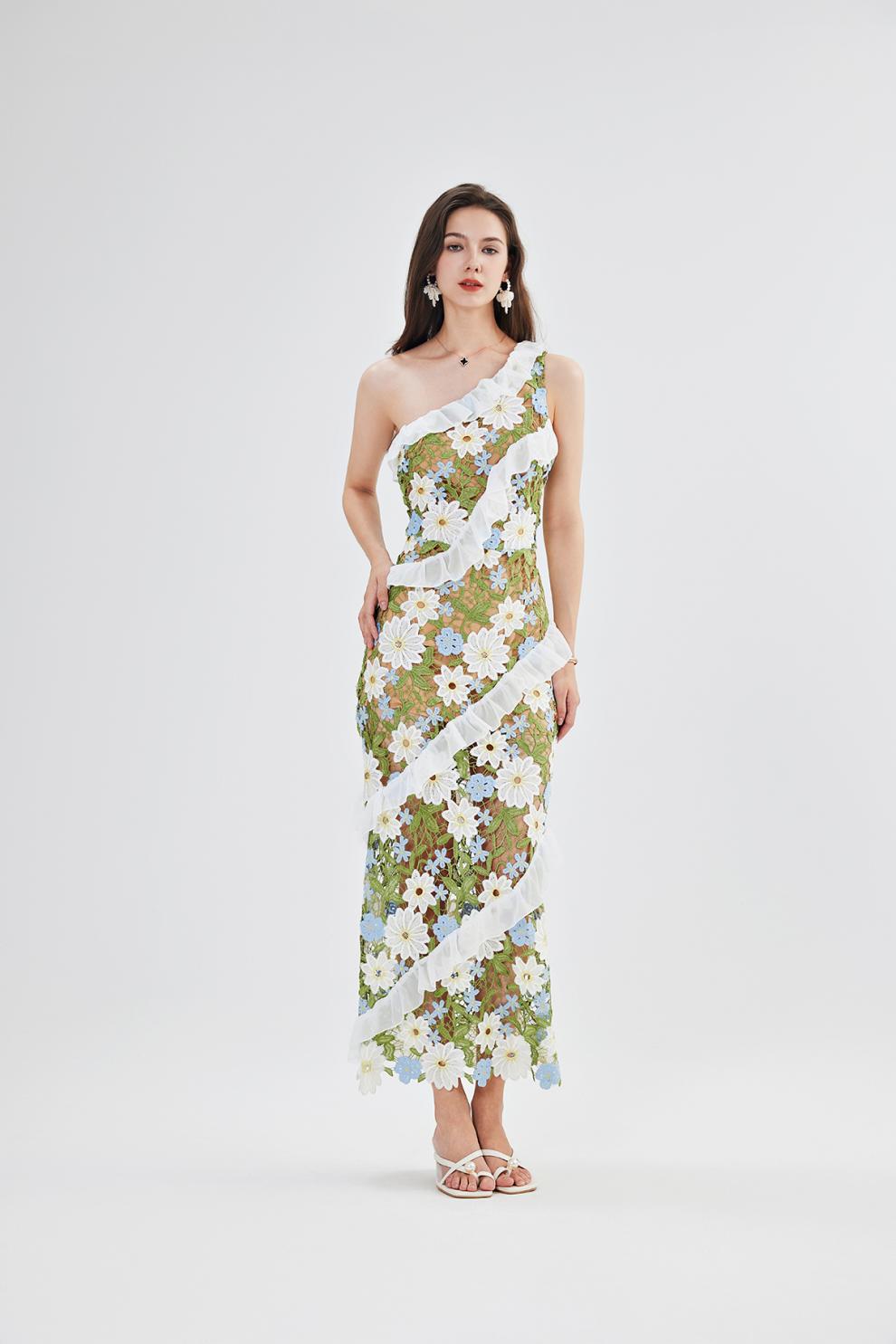 Green Floral Lace Ruffle Dress