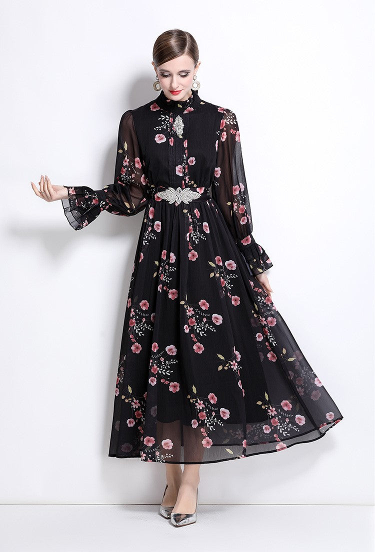 Black Flowy Floral Tiered Chiffon Gown With Belt