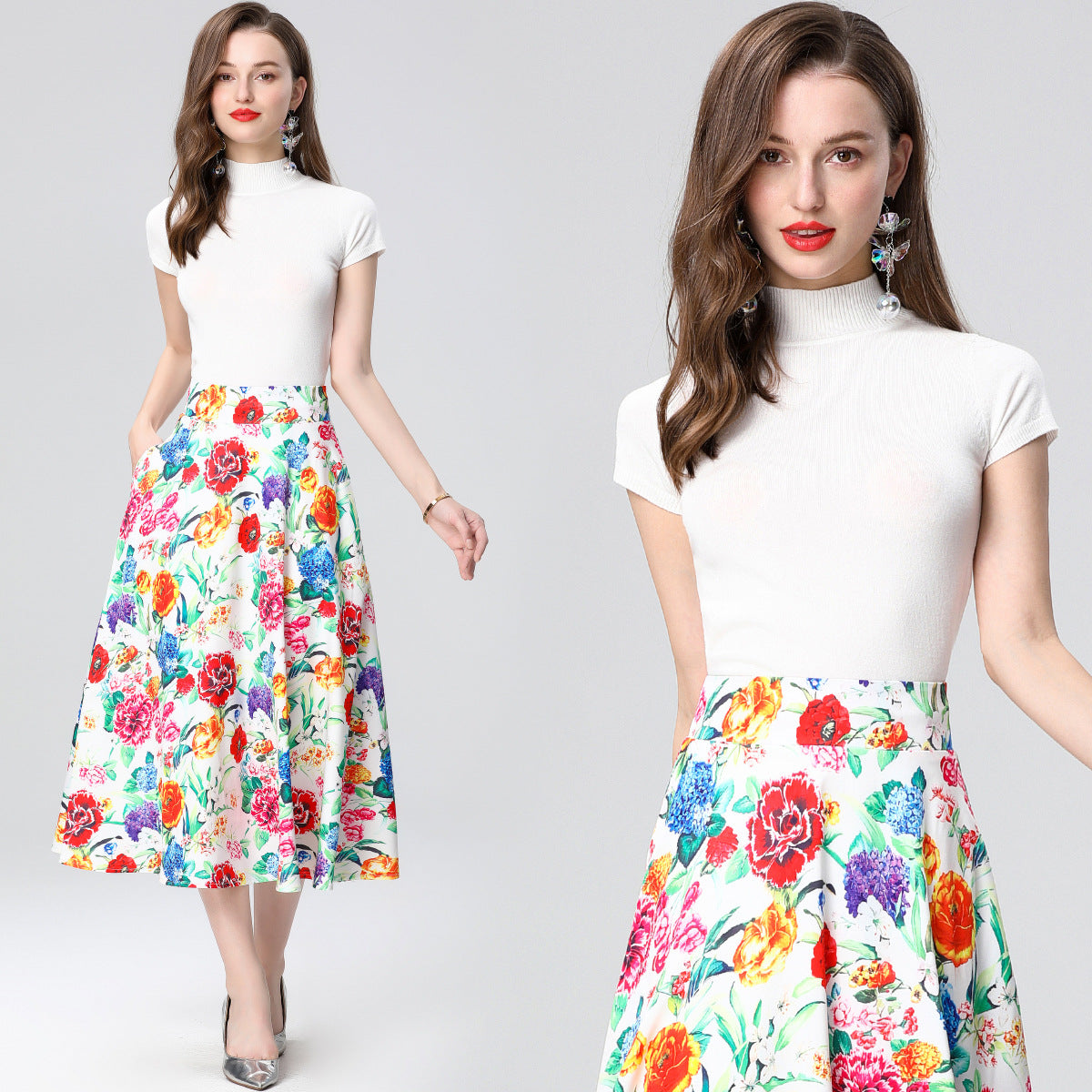 Colorful Floral Midi Skirt Two Piece Set