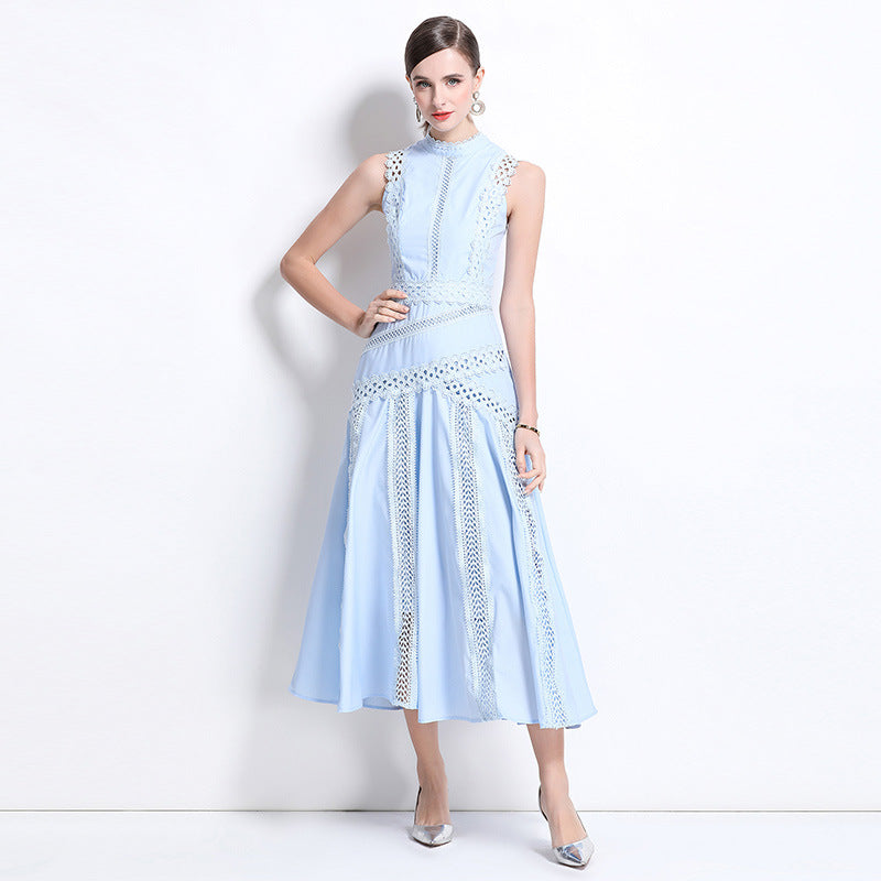 Light Blue Sleeveless Lace Midi Dress