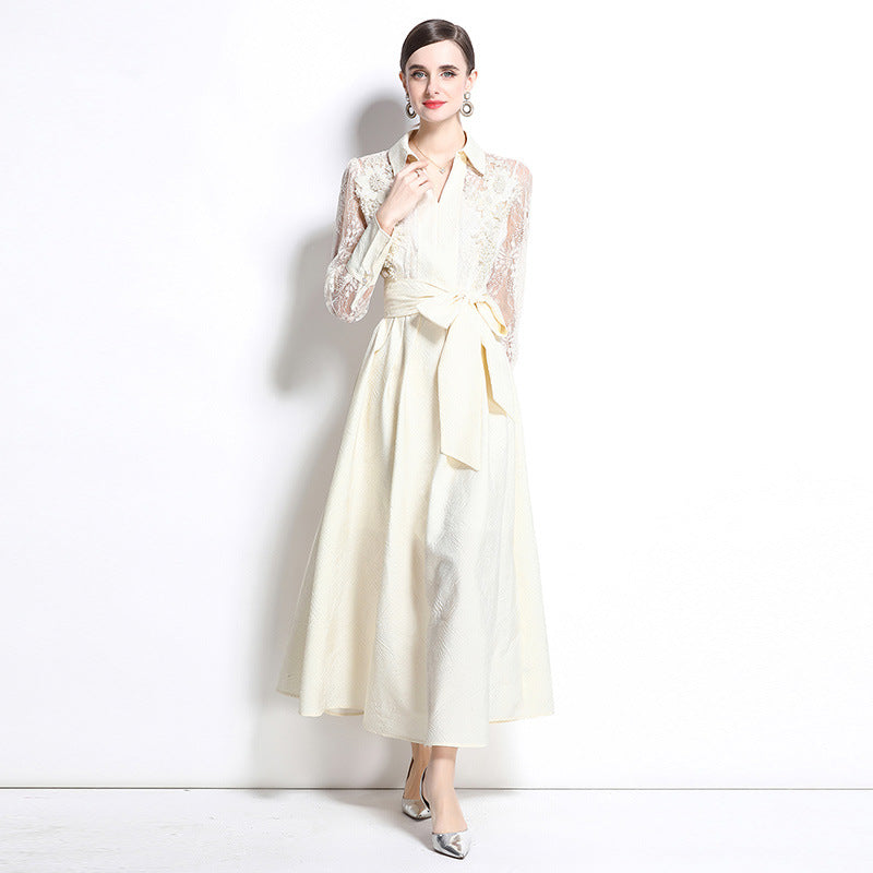 Elegant Lace Sleeve Belted Midi Dress