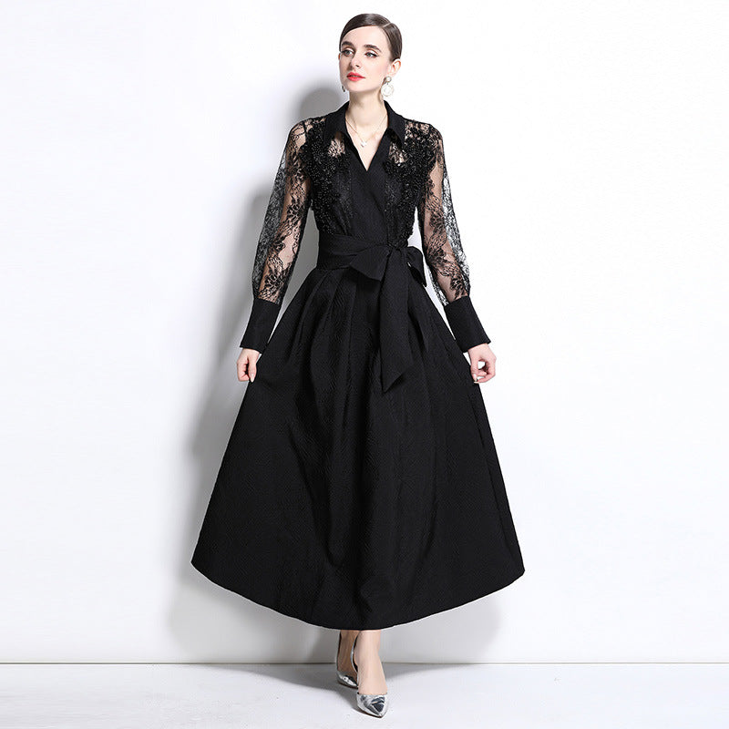 Black Lace Sleeve Belted Maxi Dress