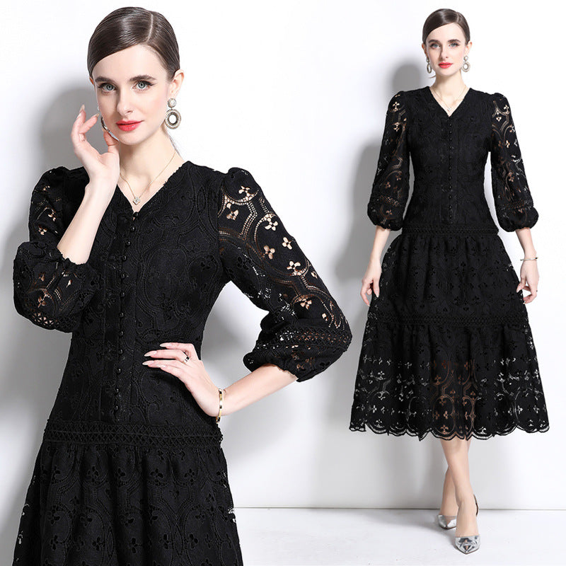 Vintage Black Lace Midi Dress