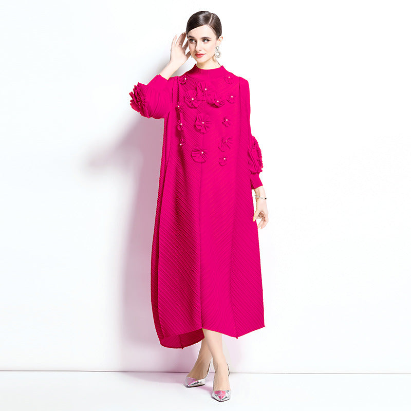 Elegant Fuchsia Floral Appliqué Dress