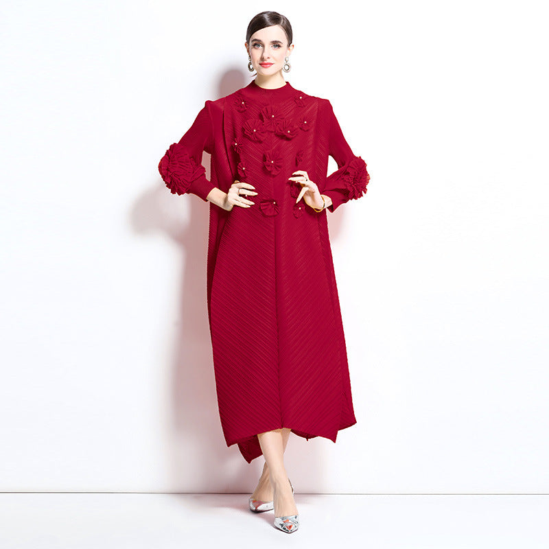 Elegant Burgundy Floral Appliqué Dress