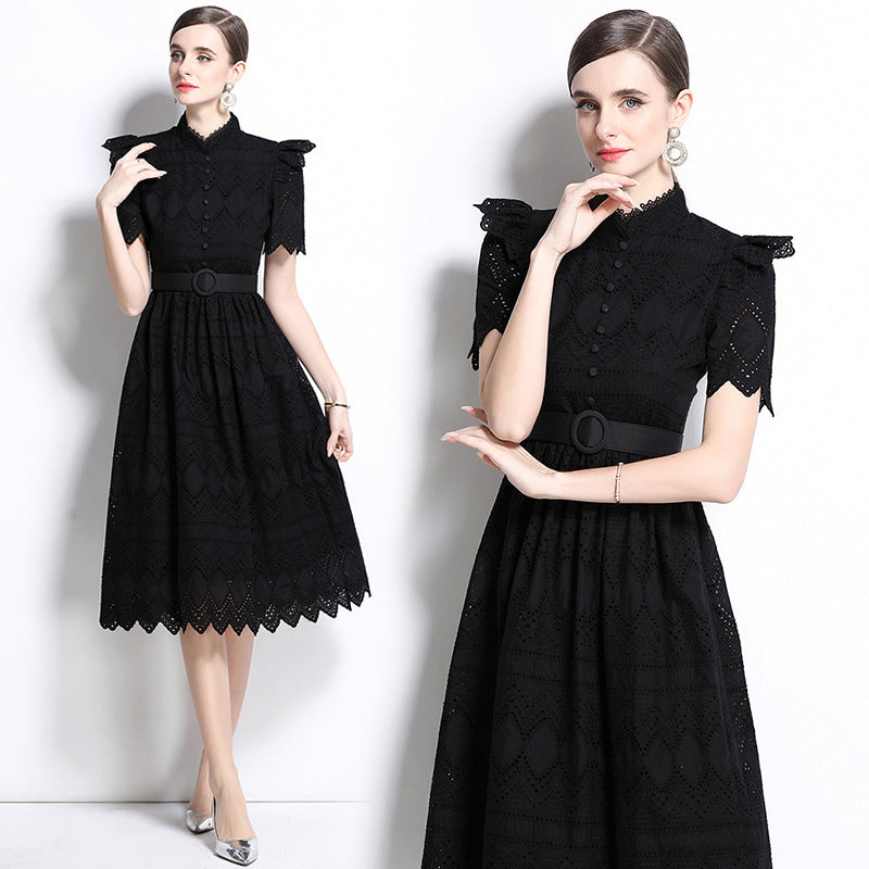 Elegant Black Lace Belted Midi Dress