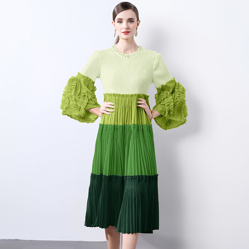 Green Ombre Pleated Midi Dress