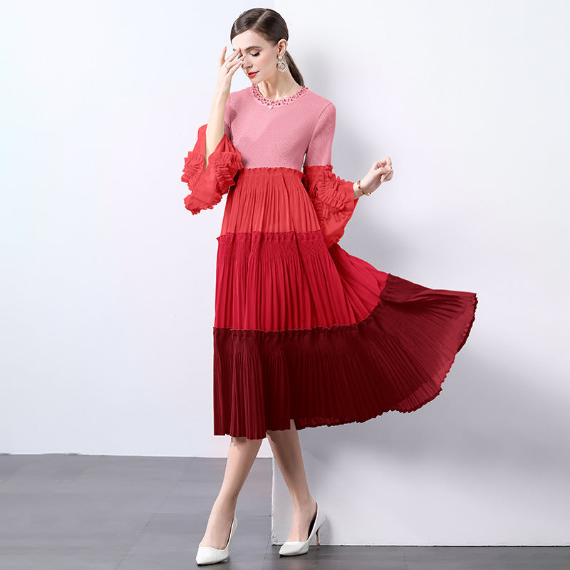 Red Ombre Pleated Midi Dress