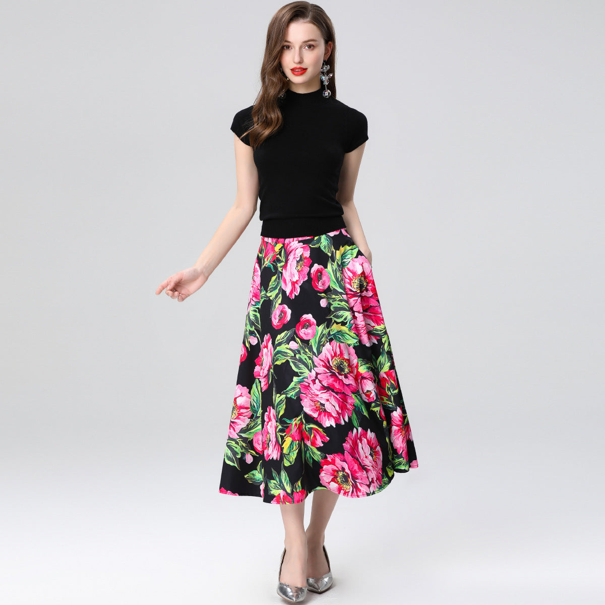 Floral High-Waist Midi Skirt Two Piece Set