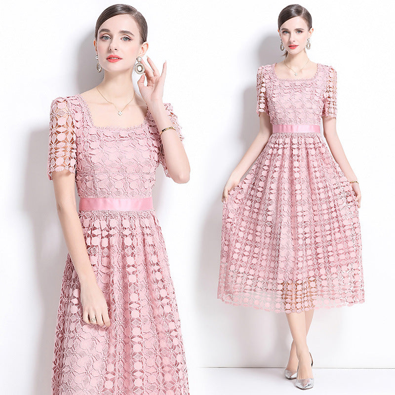 Elegant Pink Lace Midi Dress