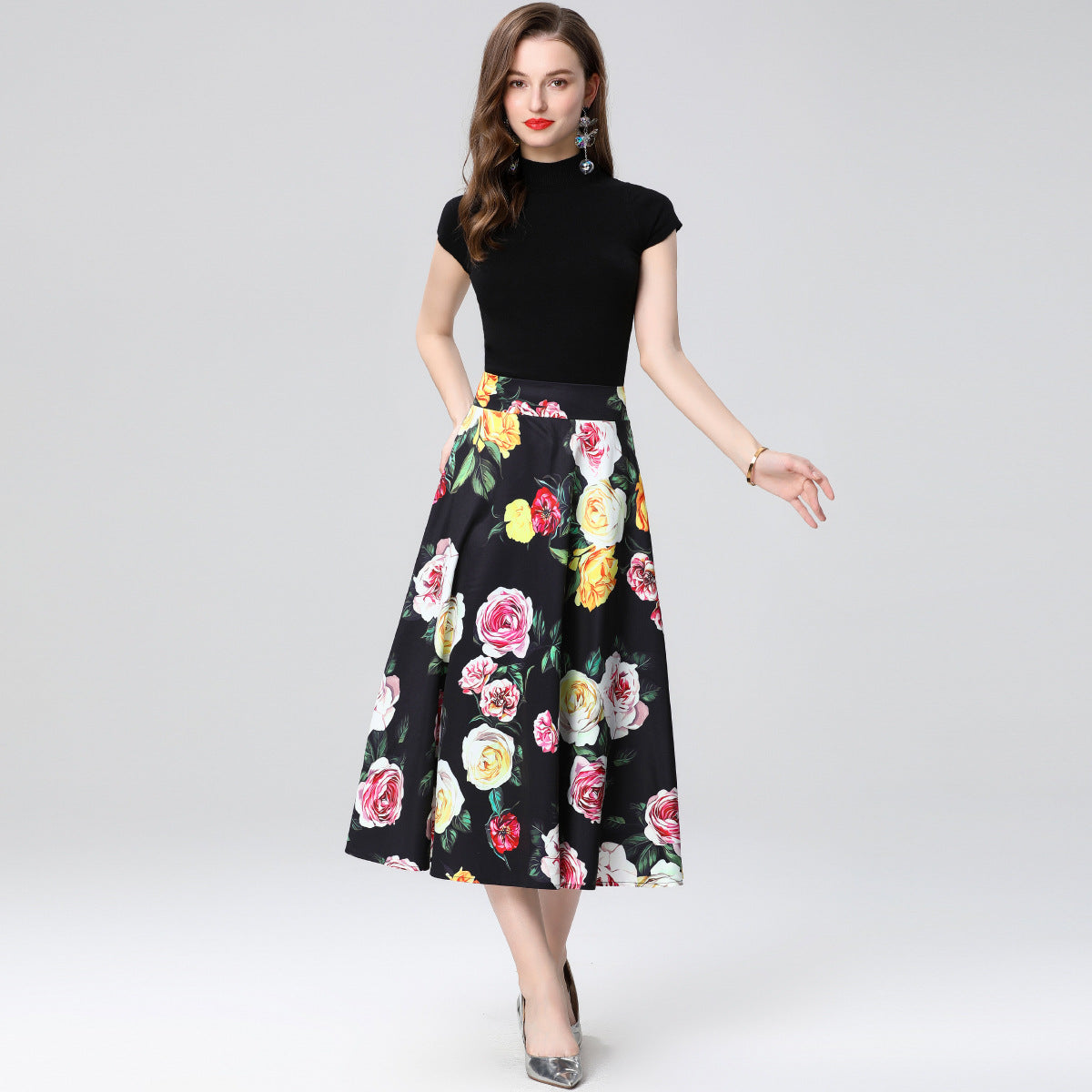 Elegant Rose Print Midi Skirt Two Piece Set