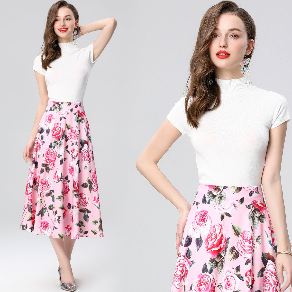 Pink Floral Midi Skirt Two Piece Set
