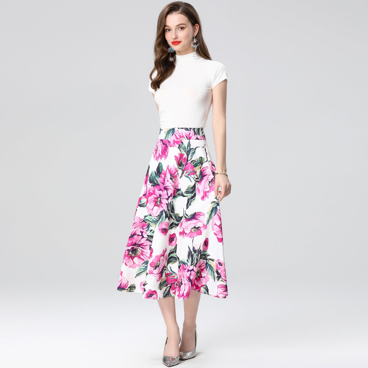 White Floral Midi Skirt Two Piece Set