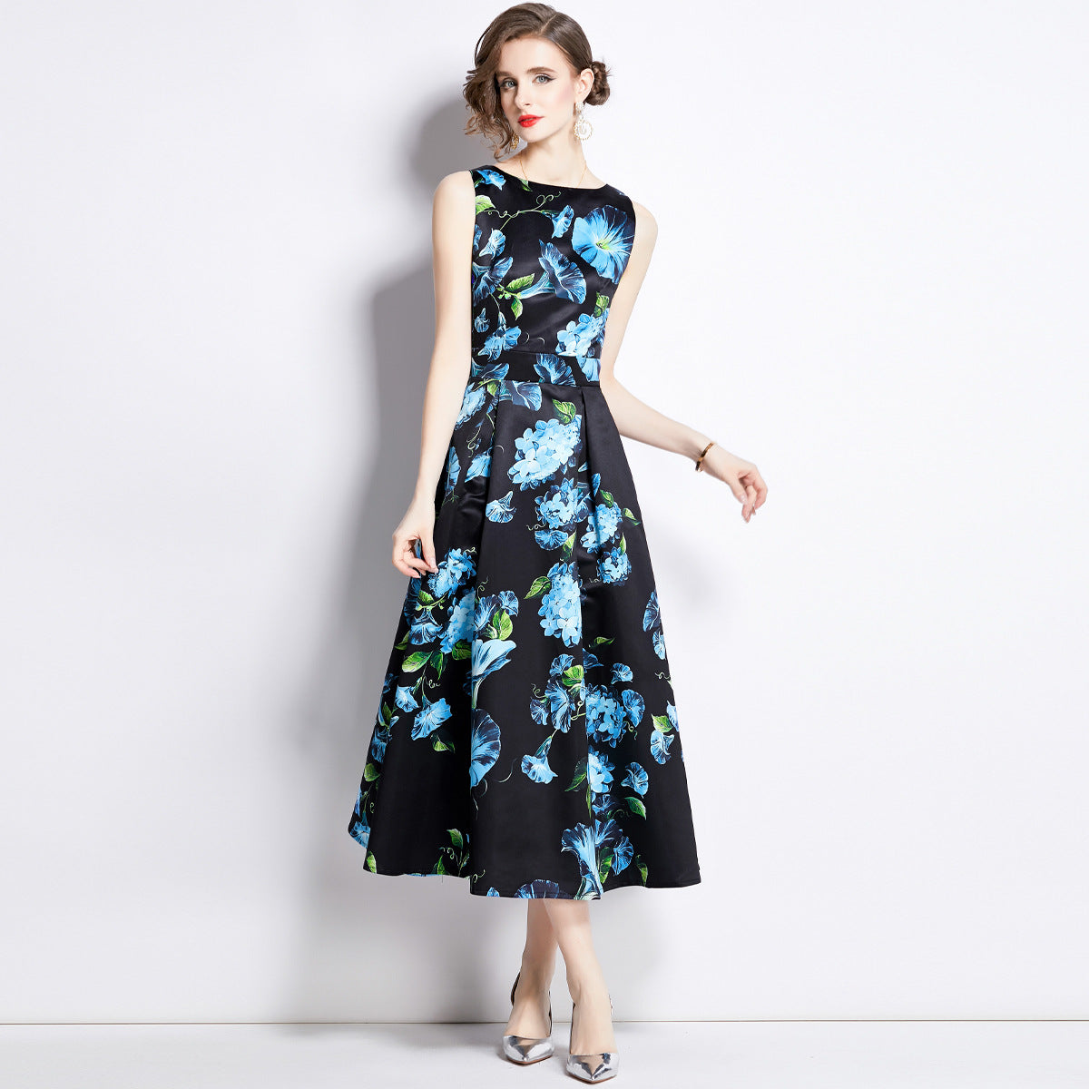 Sleeveless Boat Neck Fitted Vest Box Pleated Skirt Printed Satin Dress - 895#701