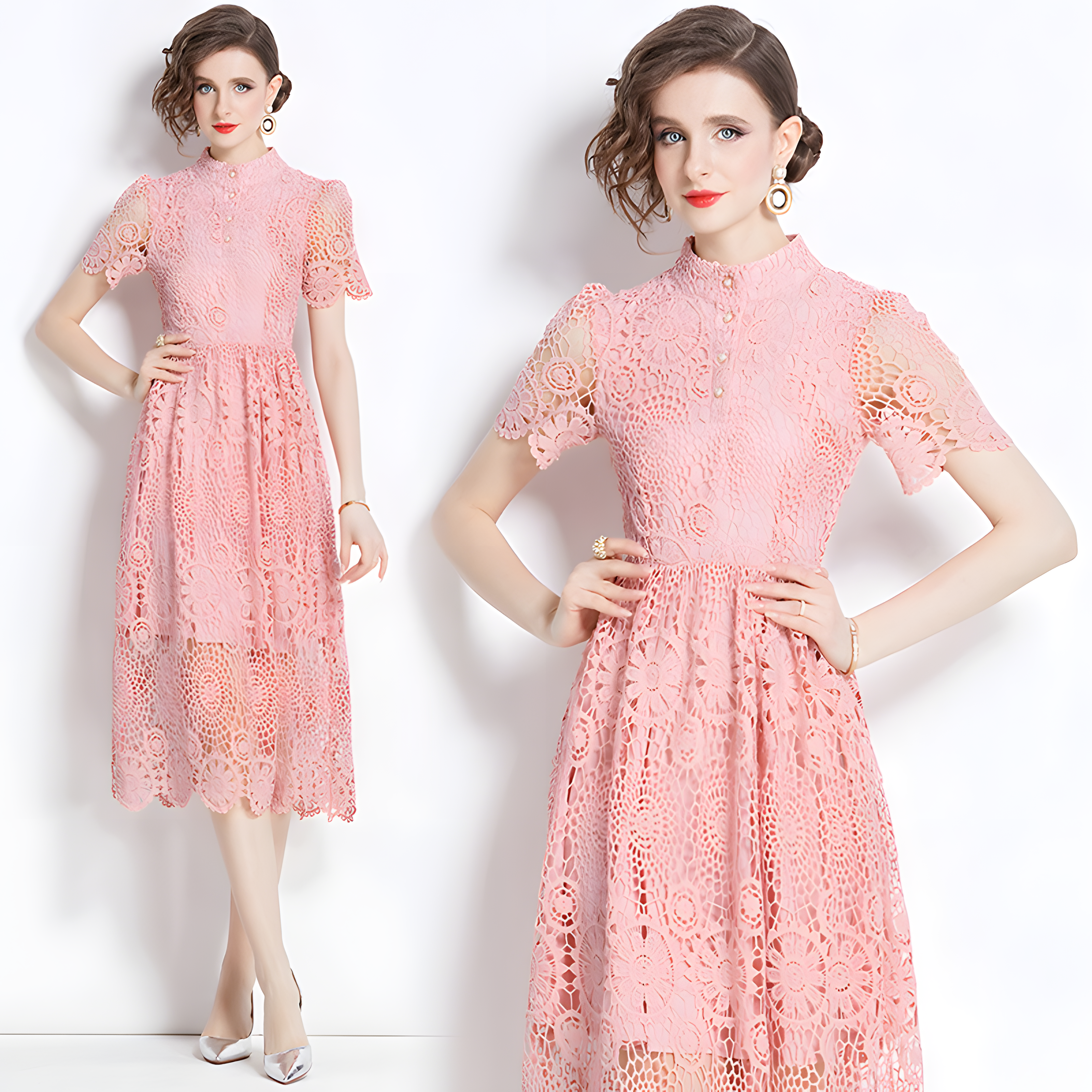 Luxury French Lace High Neck Front Button Pink Dress With Belt - 500#609_PIN