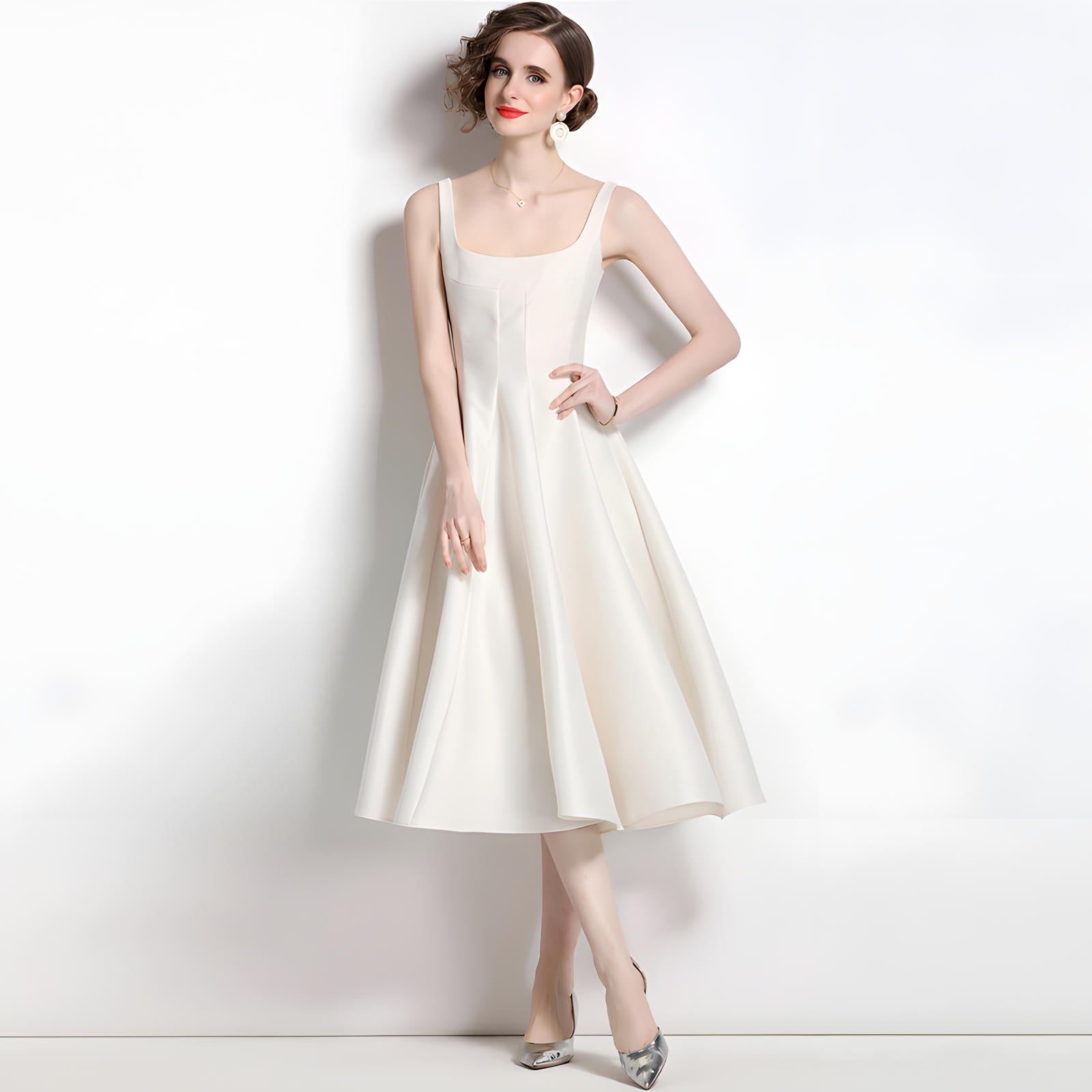 Retro Style Hepburn Skirt Fitted Vest Suspender White Satin Dress - 709210134751_BAS
