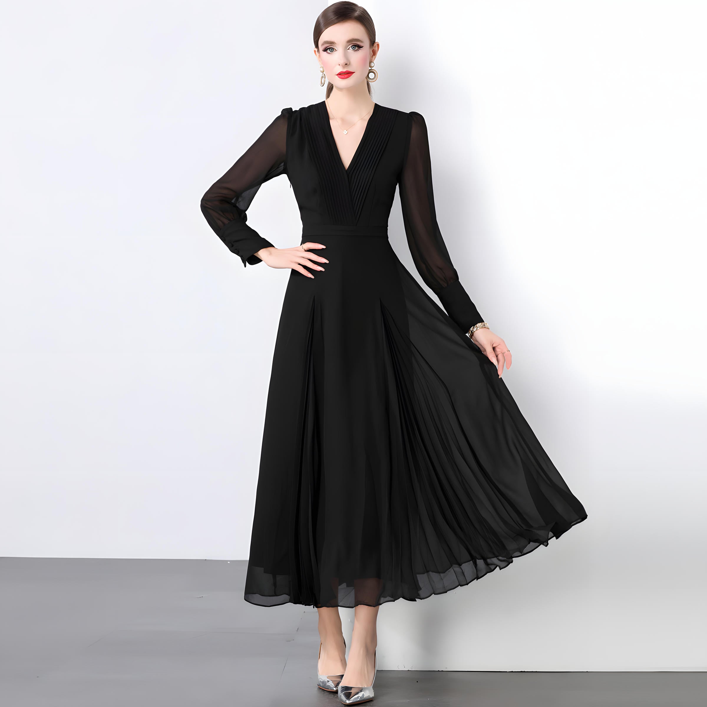 Lantern Sleeve Chiffon Dress with Pleated Bust and Box Pleat Skirt - 833900044434_BLA